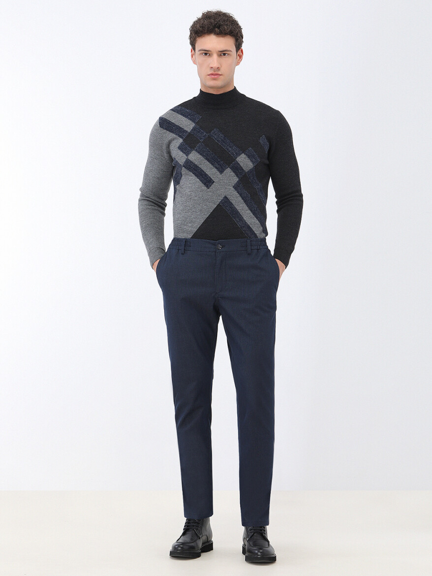 Navy Blue Weaving Jogging Fit Casual Cotton Blended Trousers - 2