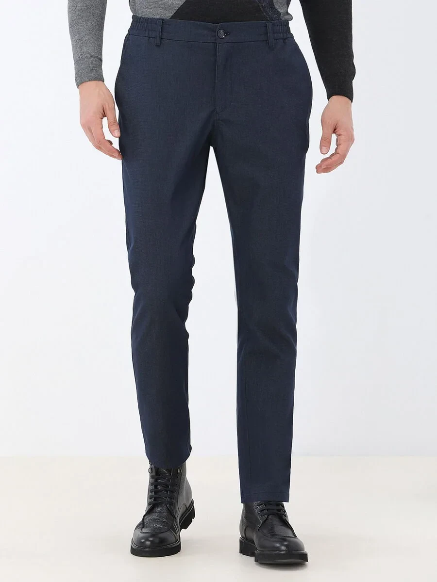 Navy Blue Weaving Jogging Fit Casual Cotton Blended Trousers - 1