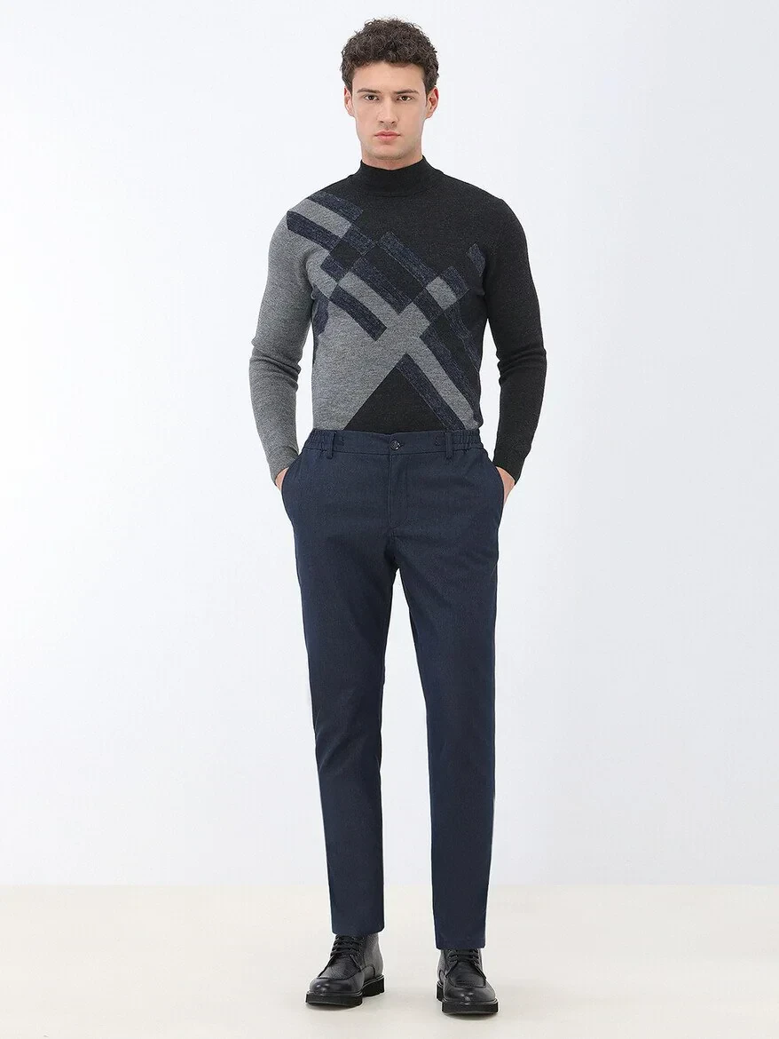 Navy Blue Weaving Jogging Fit Casual Cotton Blended Trousers - 2