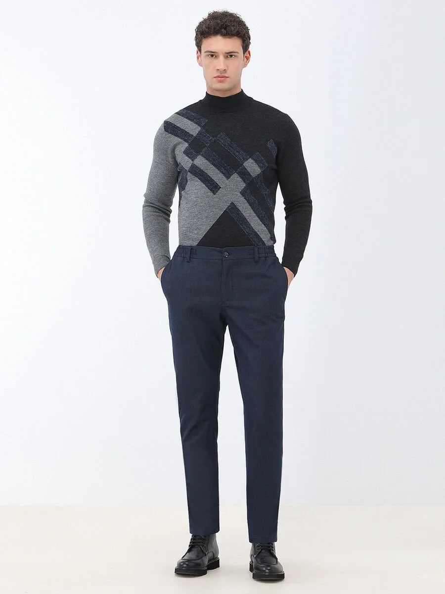 Navy Blue Weaving Jogging Fit Casual Cotton Blended Trousers - 2
