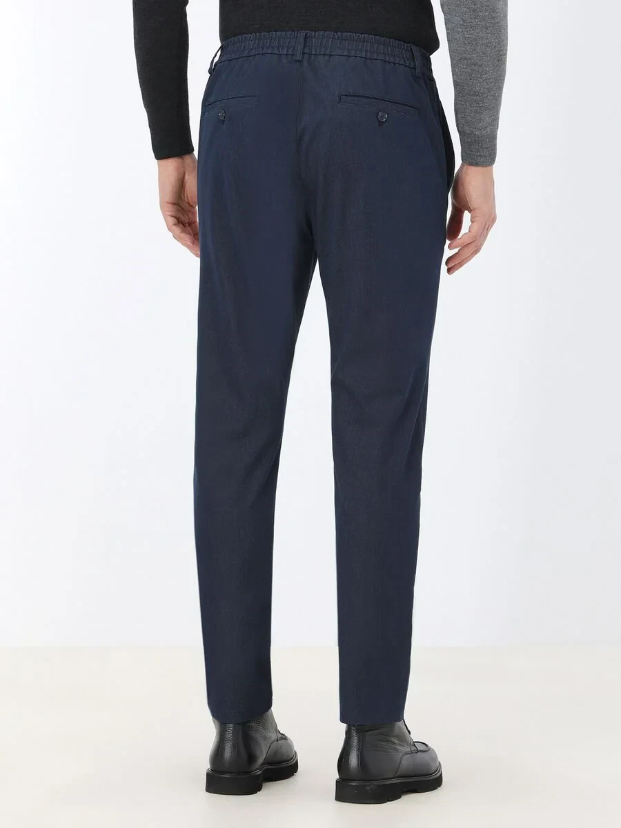 Navy Blue Weaving Jogging Fit Casual Cotton Blended Trousers - 5