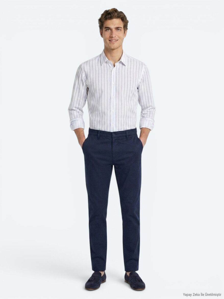 Navy Blue Weaving Jogging Fit Casual Cotton Blended Trousers 
