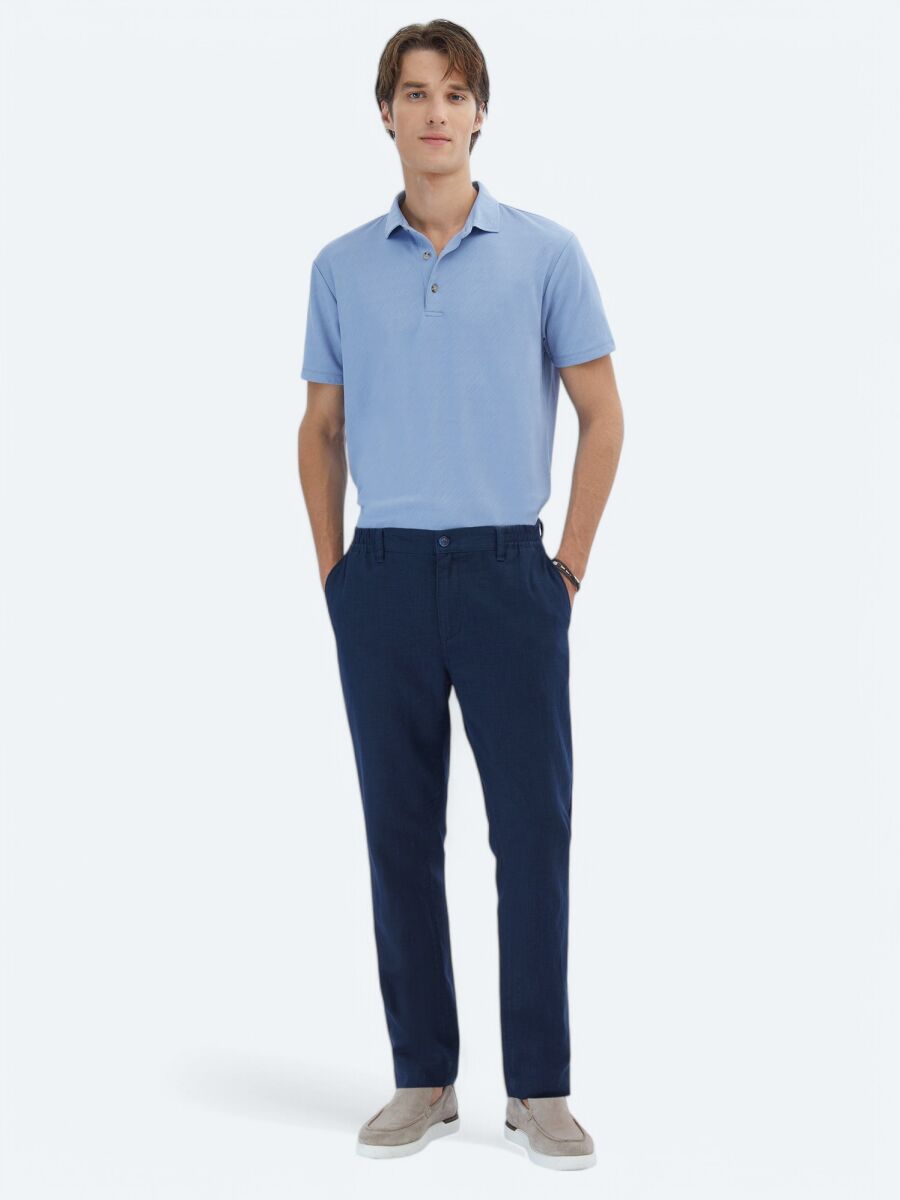 Navy Blue Weaving Jogging Fit Casual Cotton Blended Trousers - 1