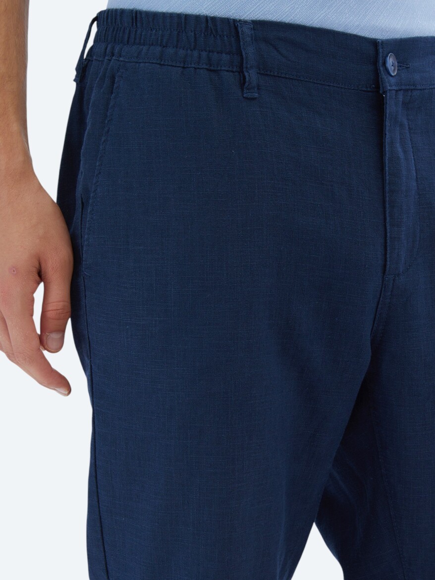 Navy Blue Weaving Jogging Fit Casual Cotton Blended Trousers - 3