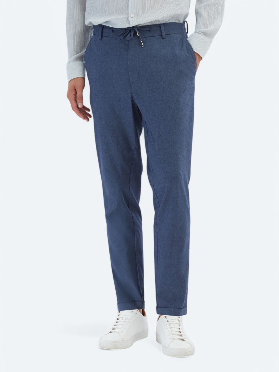 Navy Blue Weaving Jogging Fit Casual Cotton Blended Trousers - 2