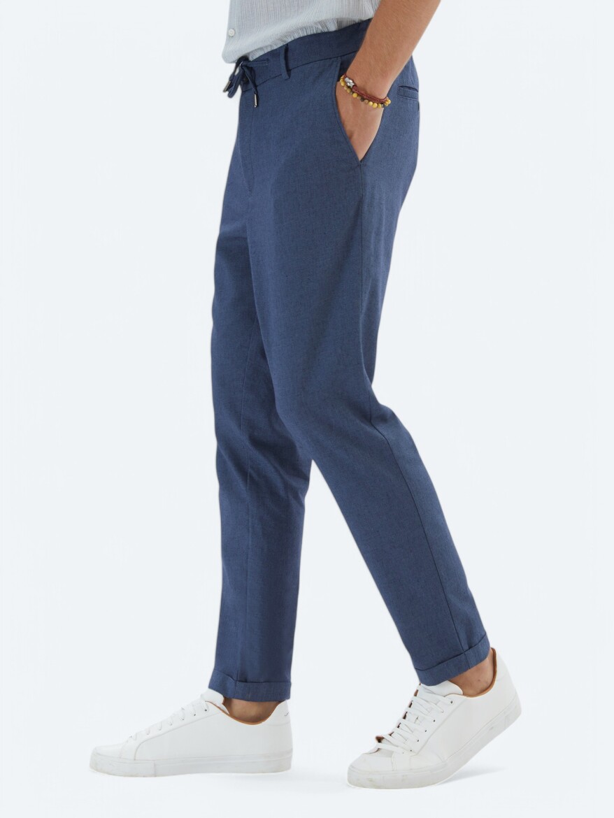 Navy Blue Weaving Jogging Fit Casual Cotton Blended Trousers - 3