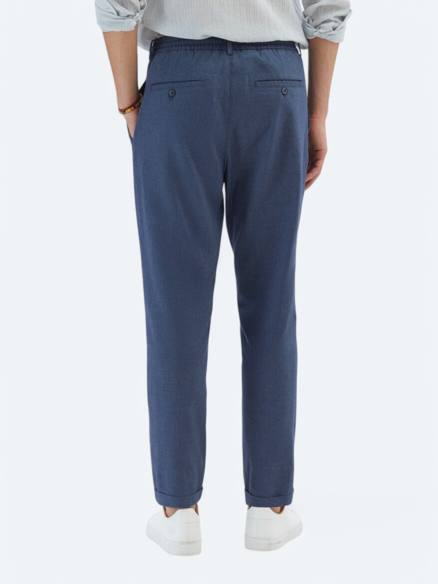 Navy Blue Weaving Jogging Fit Casual Cotton Blended Trousers - 5