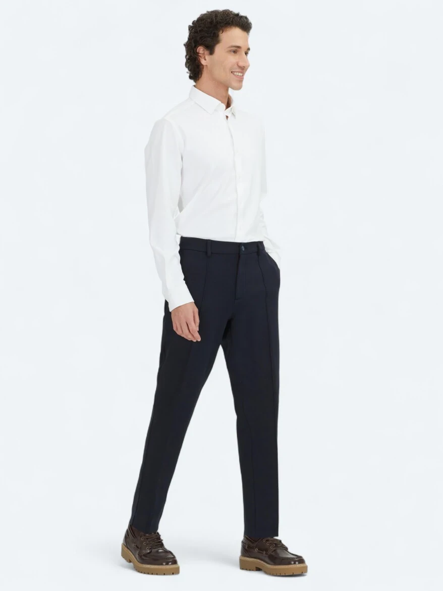 Navy Blue Weaving Jogging Fit Casual Cotton Blended Trousers - 1