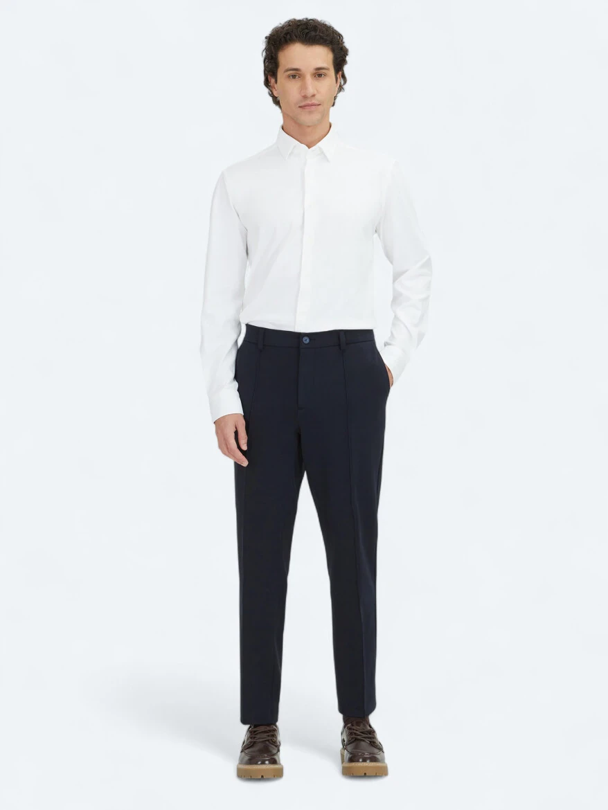 Navy Blue Weaving Jogging Fit Casual Cotton Blended Trousers - 2