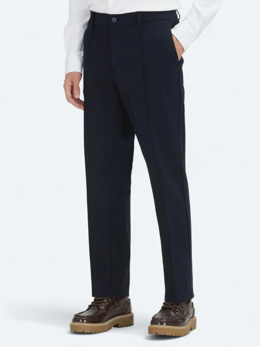 Navy Blue Weaving Jogging Fit Casual Cotton Blended Trousers - 3