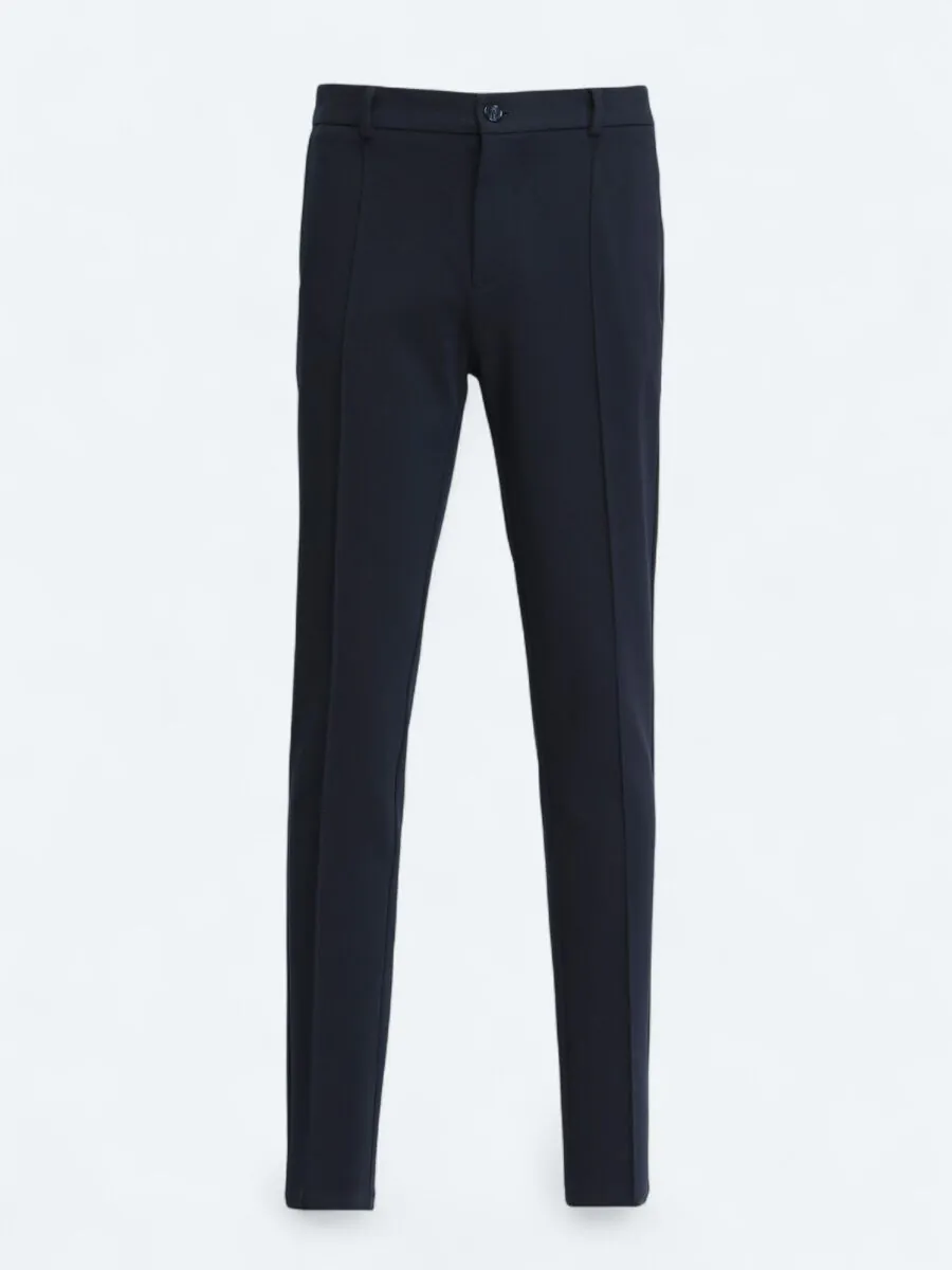 Navy Blue Weaving Jogging Fit Casual Cotton Blended Trousers - 6