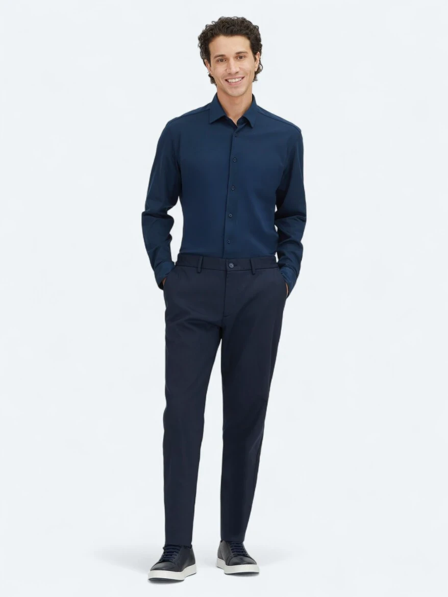 Navy Blue Weaving Jogging Fit Casual Cotton Blended Trousers - 1