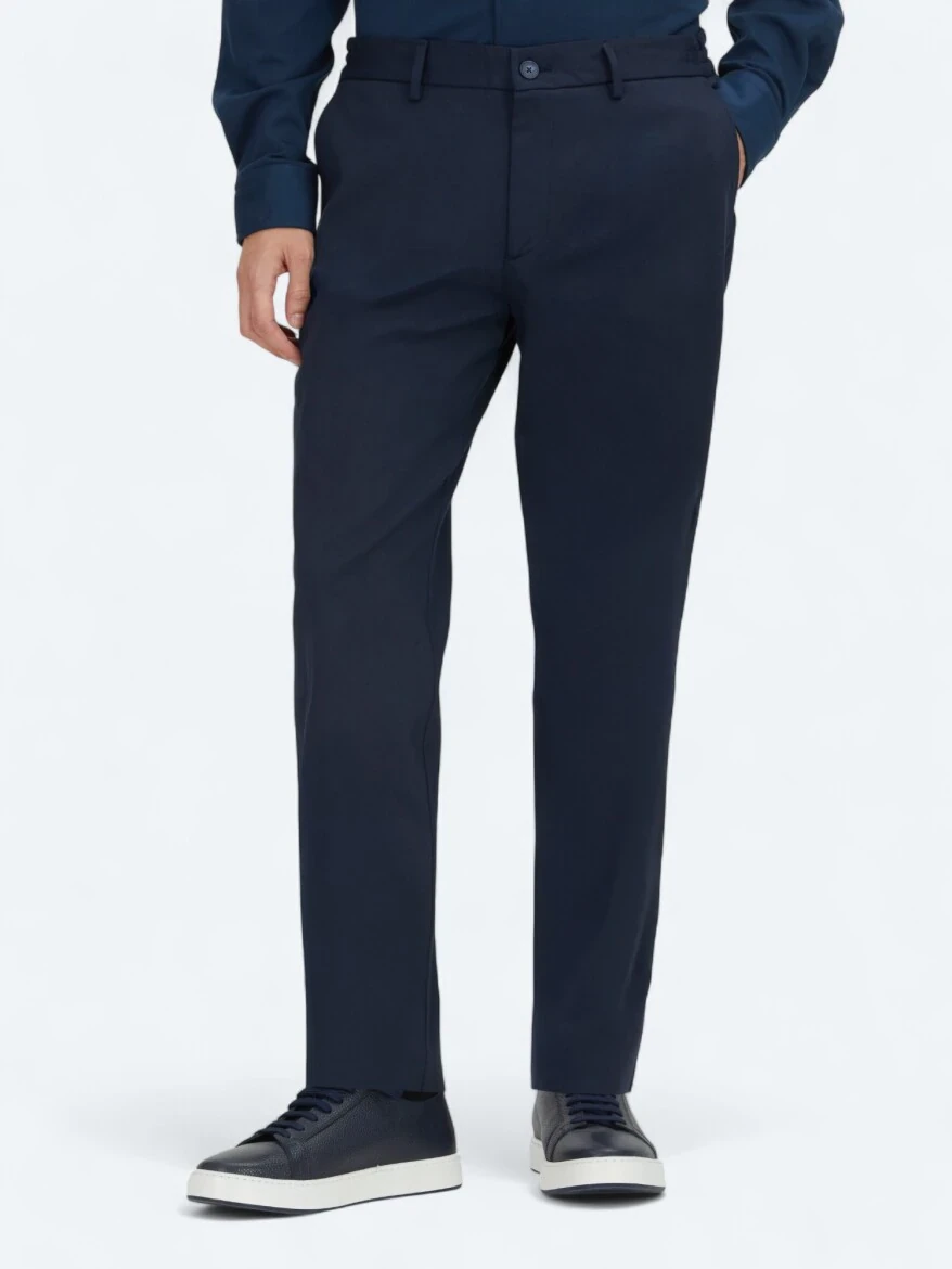 Navy Blue Weaving Jogging Fit Casual Cotton Blended Trousers - 2