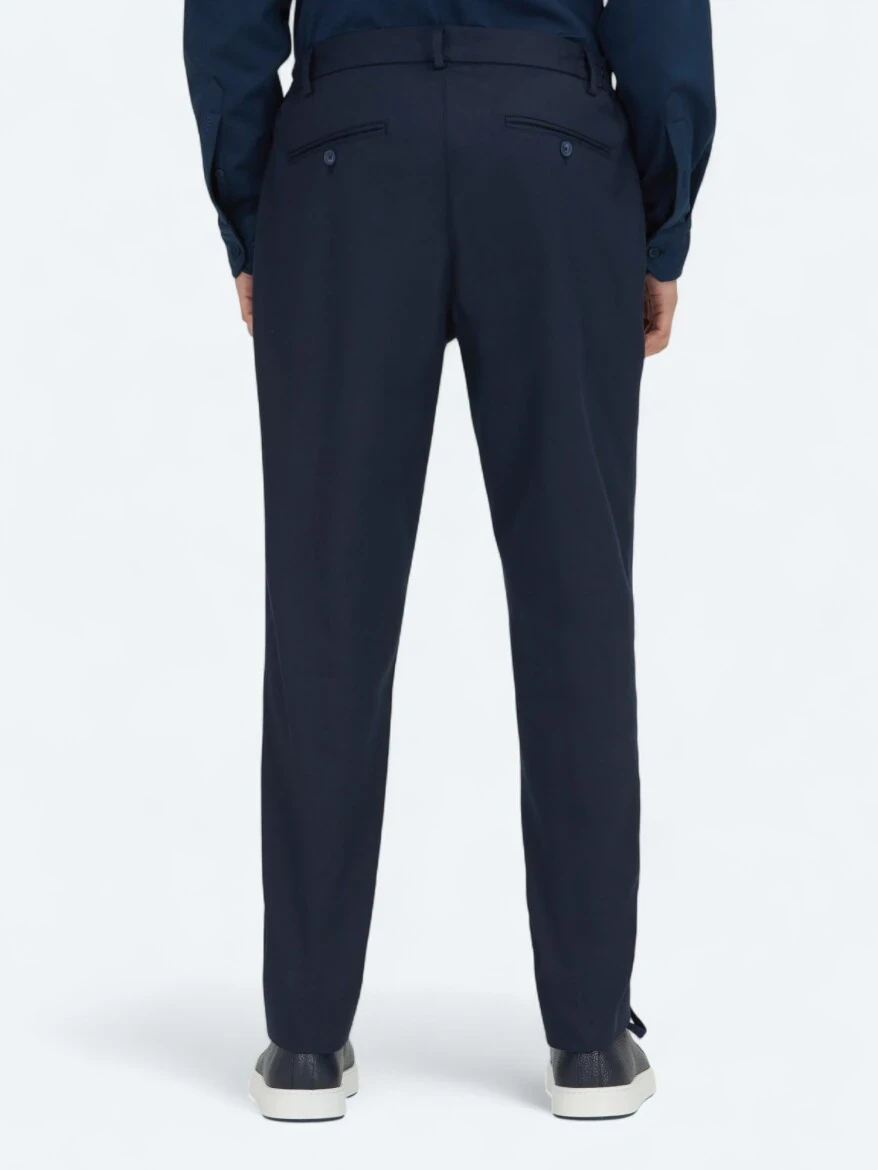 Navy Blue Weaving Jogging Fit Casual Cotton Blended Trousers - 5