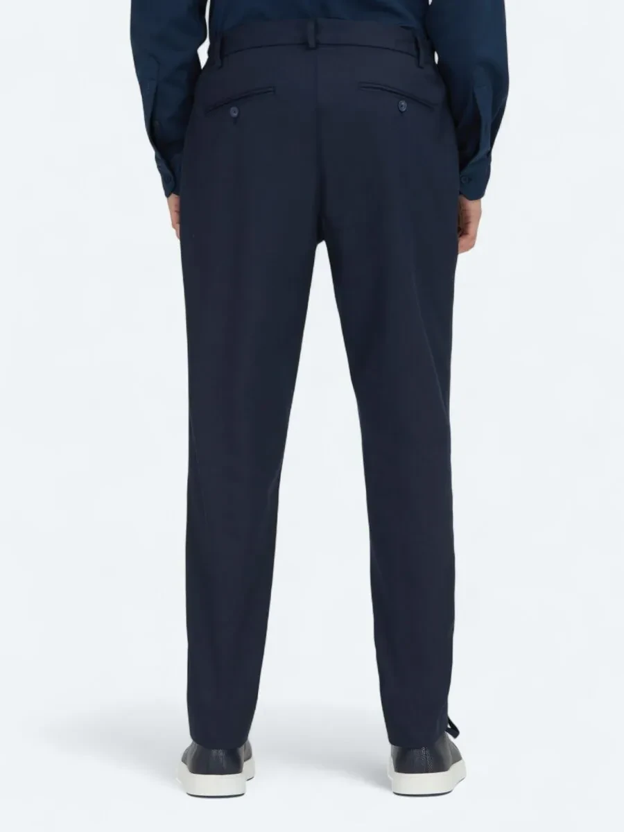 Navy Blue Weaving Jogging Fit Casual Cotton Blended Trousers - 5