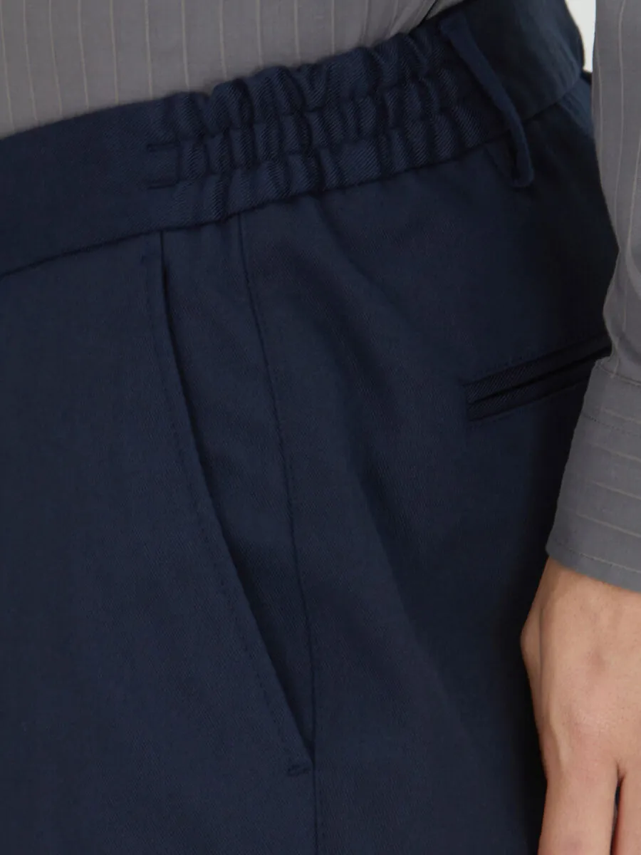 Navy Blue Weaving Jogging Fit Casual Cotton Blended Trousers - 4