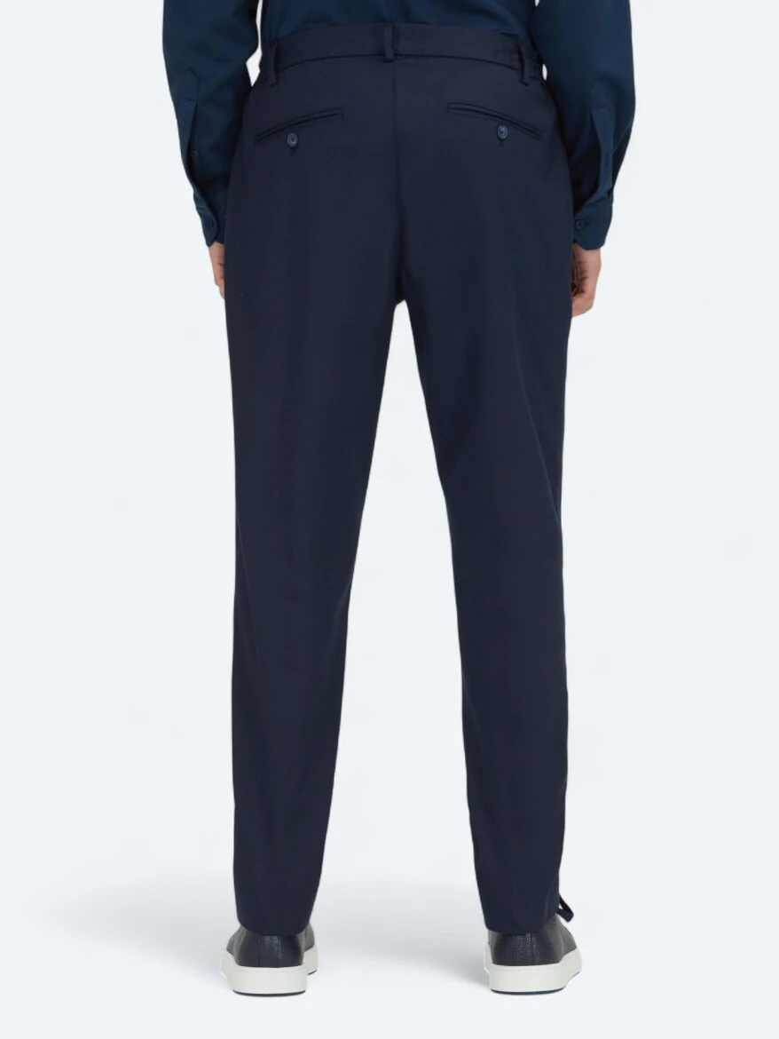 Navy Blue Weaving Jogging Fit Casual Cotton Blended Trousers - 5