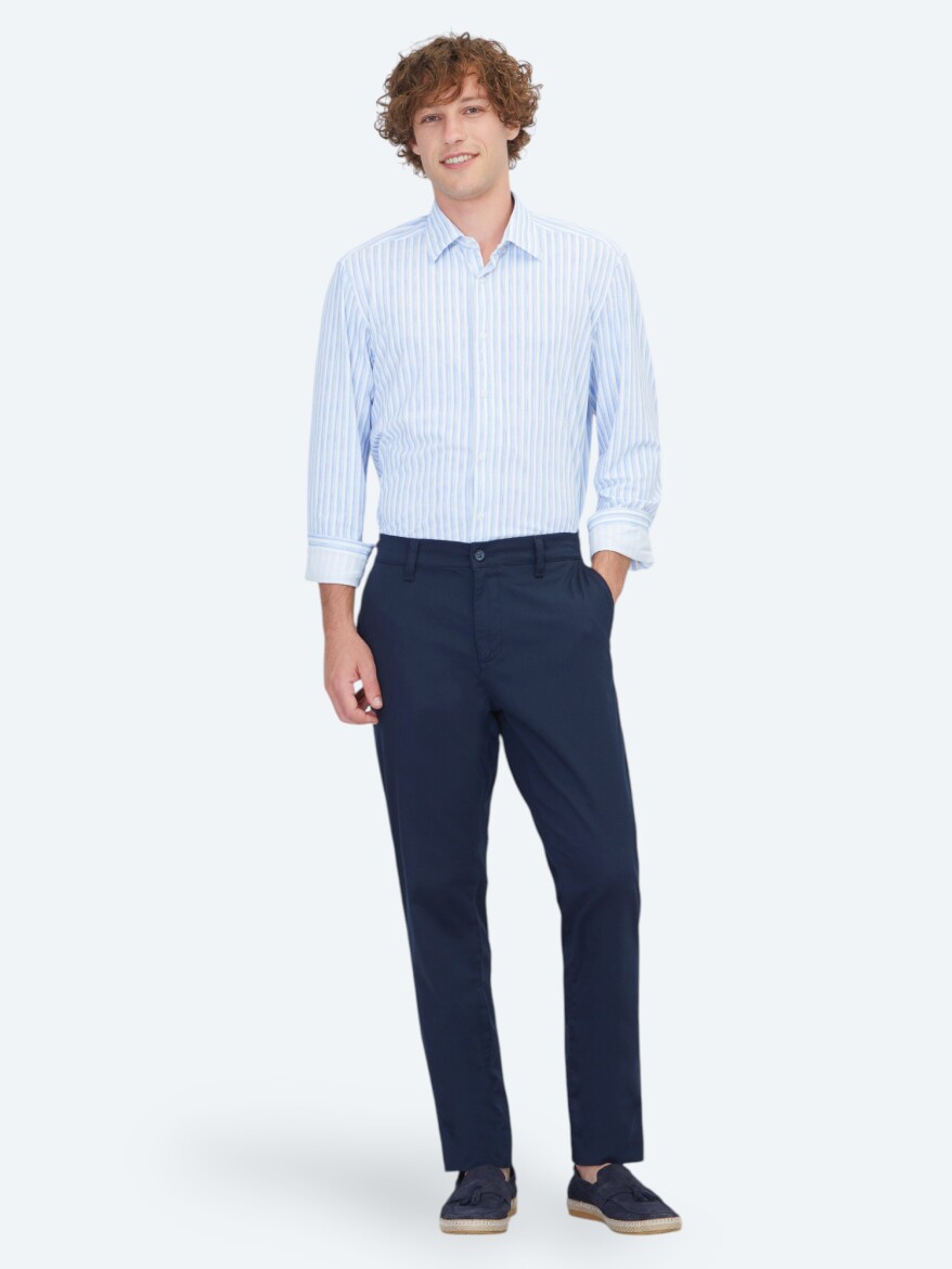 Navy Blue Weaving Jogging Fit Casual Cotton Blended Trousers - 1