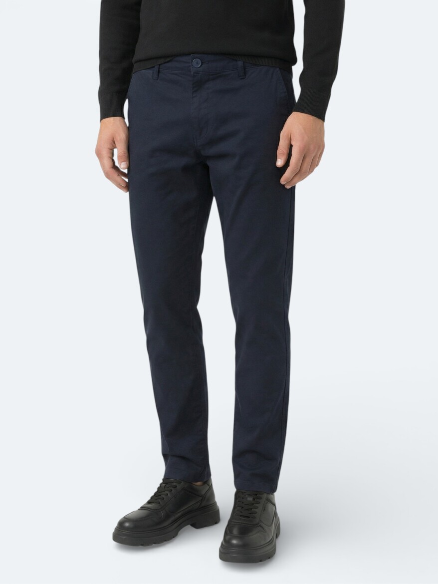 Navy Blue Weaving Jogging Fit Casual Cotton Blended Trousers - 2