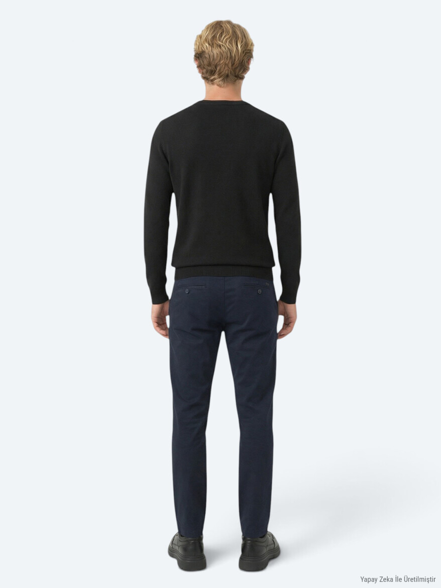 Navy Blue Weaving Jogging Fit Casual Cotton Blended Trousers - 4