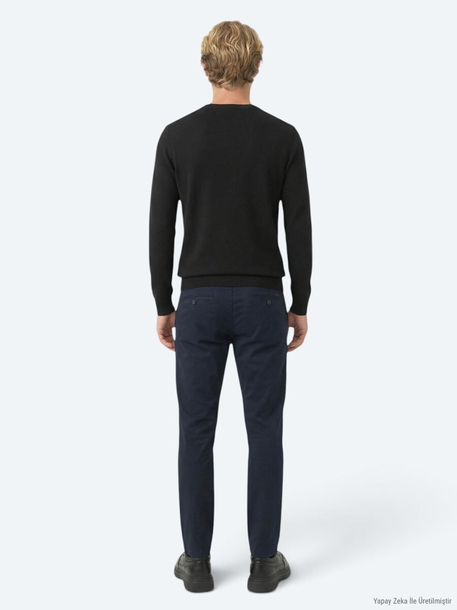 Navy Blue Weaving Jogging Fit Casual Cotton Blended Trousers - 4