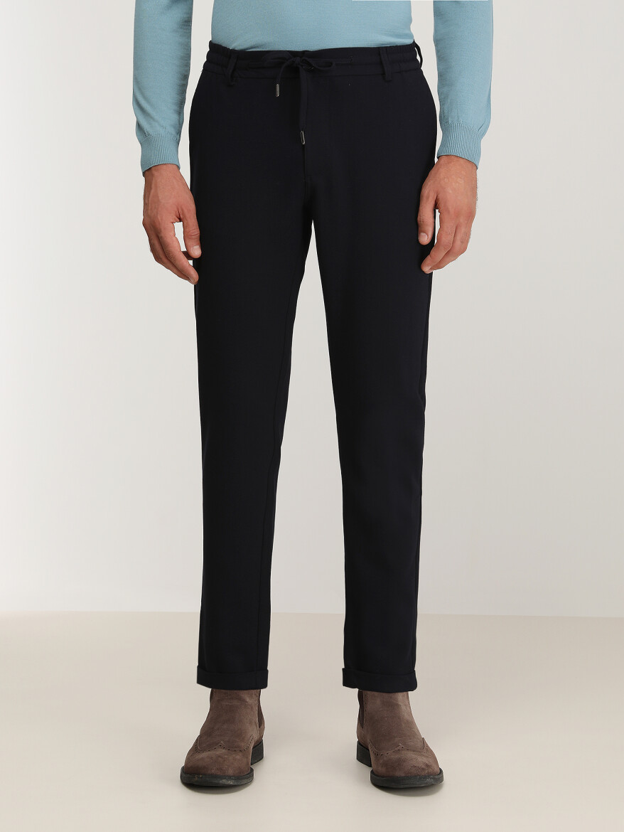 Navy Blue Weaving Jogging Fit Casual Trousers - 1