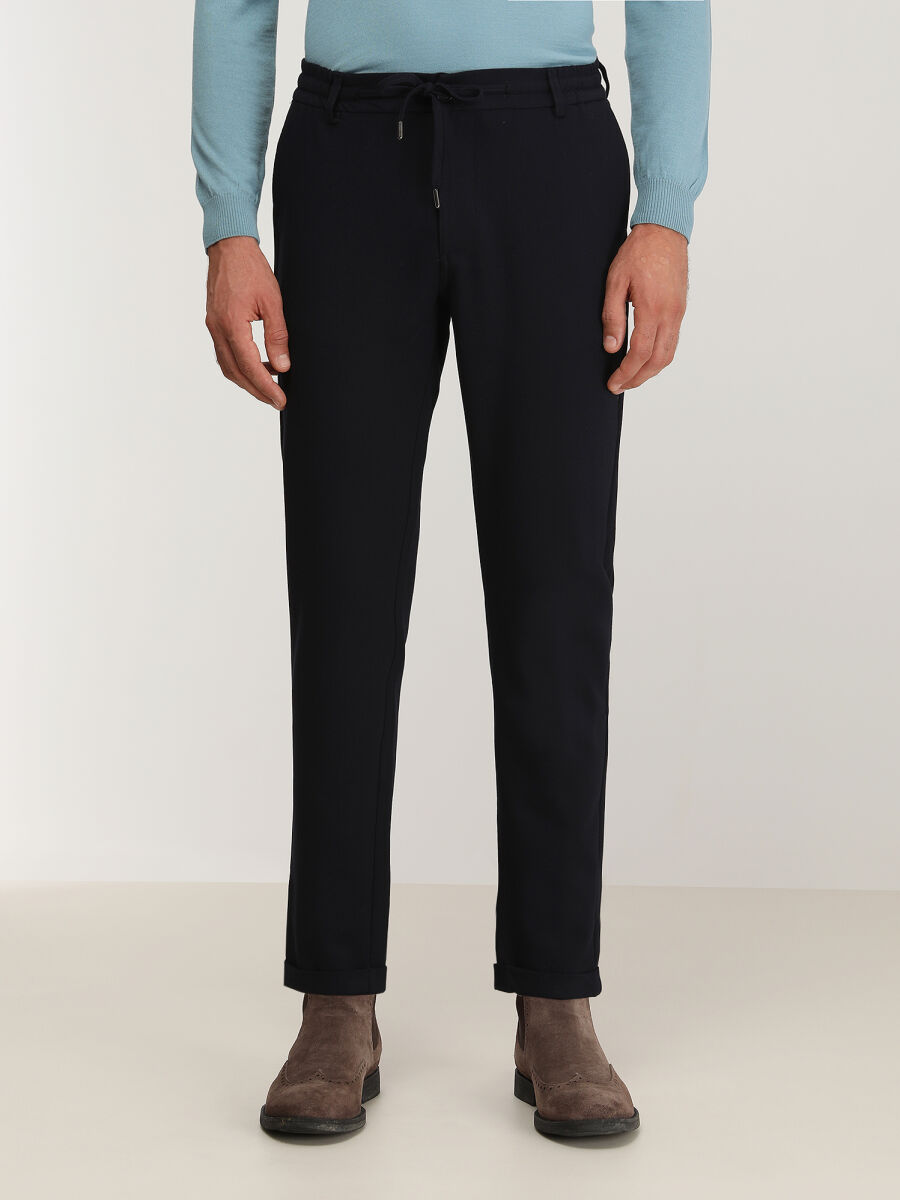 Navy Blue Weaving Jogging Fit Casual Trousers - 1