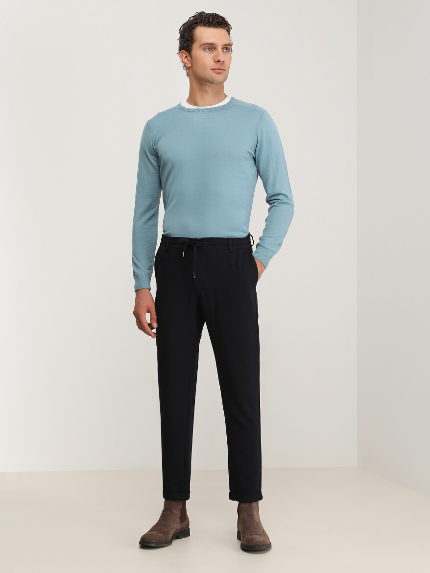 Navy Blue Weaving Jogging Fit Casual Trousers - 2