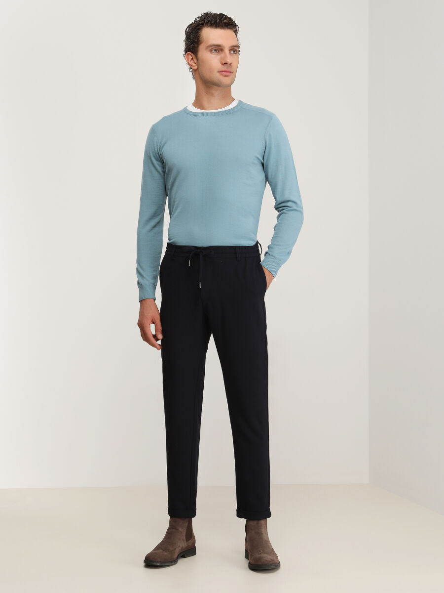 Navy Blue Weaving Jogging Fit Casual Trousers - 2