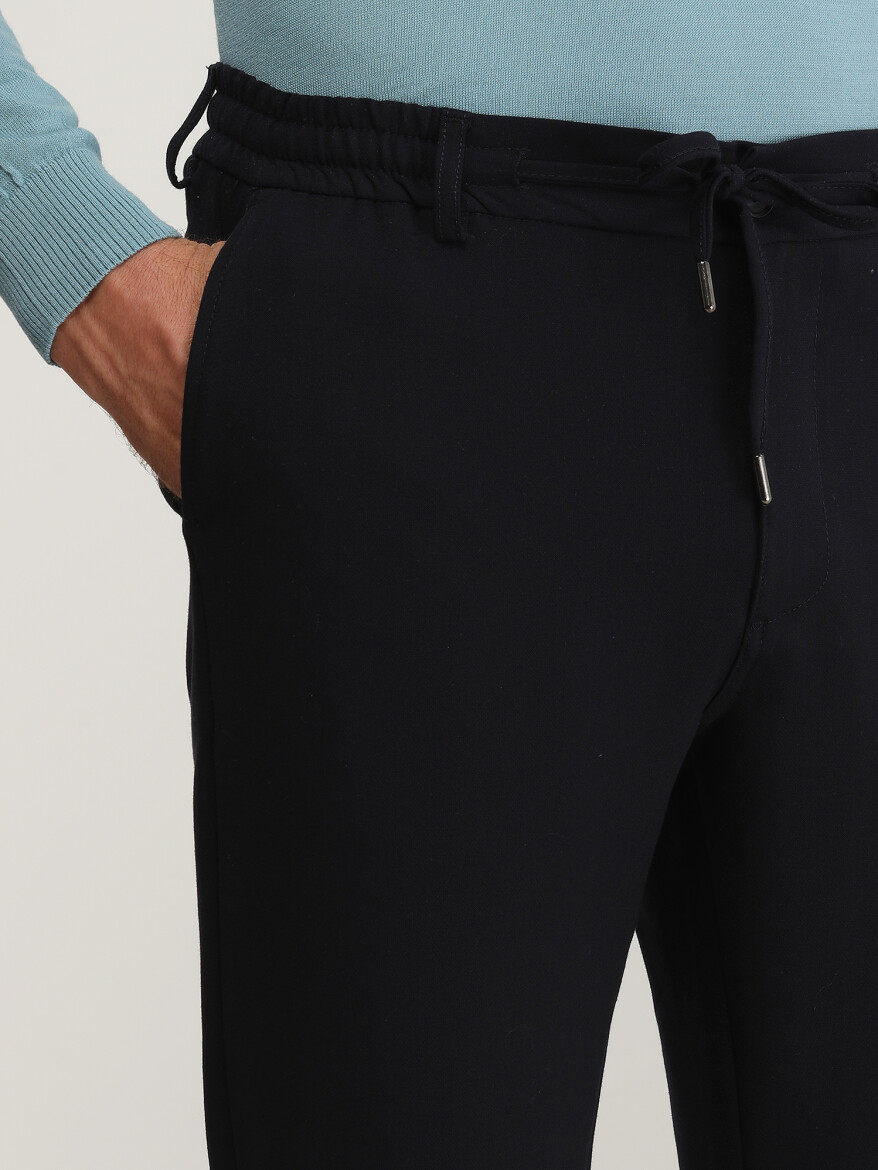 Navy Blue Weaving Jogging Fit Casual Trousers - 3