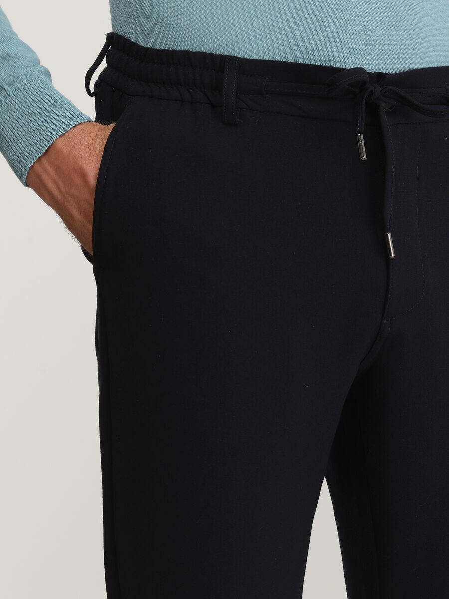 Navy Blue Weaving Jogging Fit Casual Trousers - 3