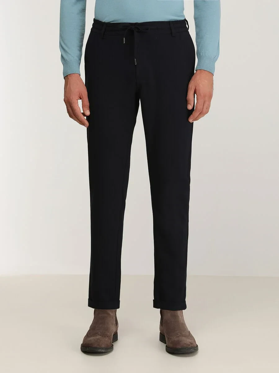 Navy Blue Weaving Jogging Fit Casual Trousers - 1