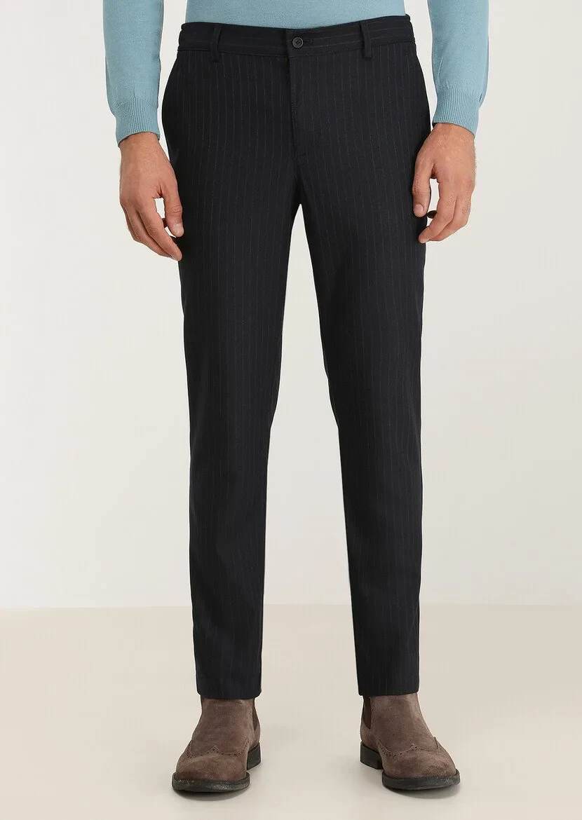 Navy Blue Weaving Jogging Fit Casual Trousers - 1