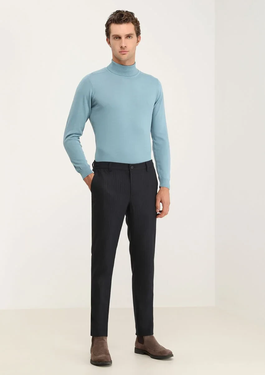 Navy Blue Weaving Jogging Fit Casual Trousers - 2