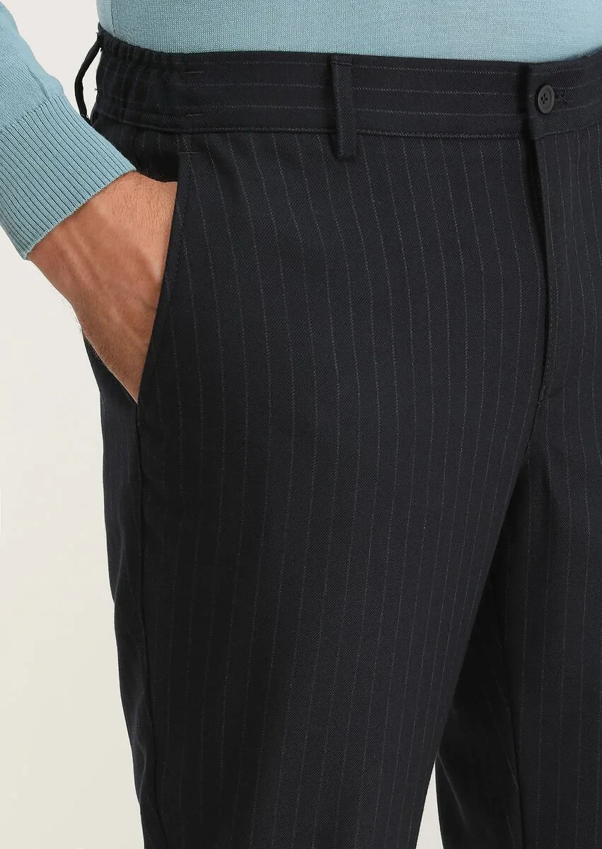 Navy Blue Weaving Jogging Fit Casual Trousers - 3