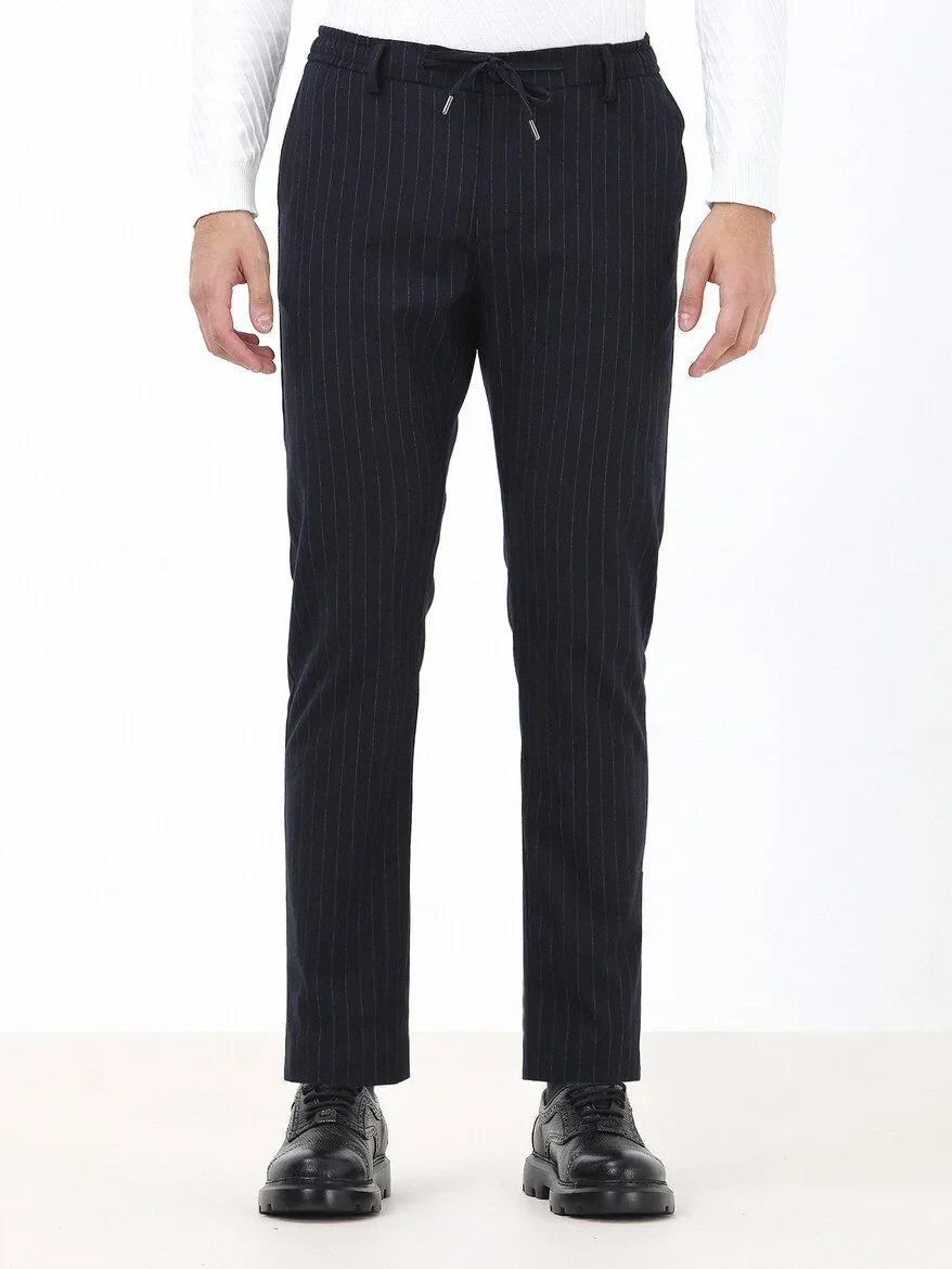 Navy Blue Weaving Jogging Fit Casual Trousers - 1