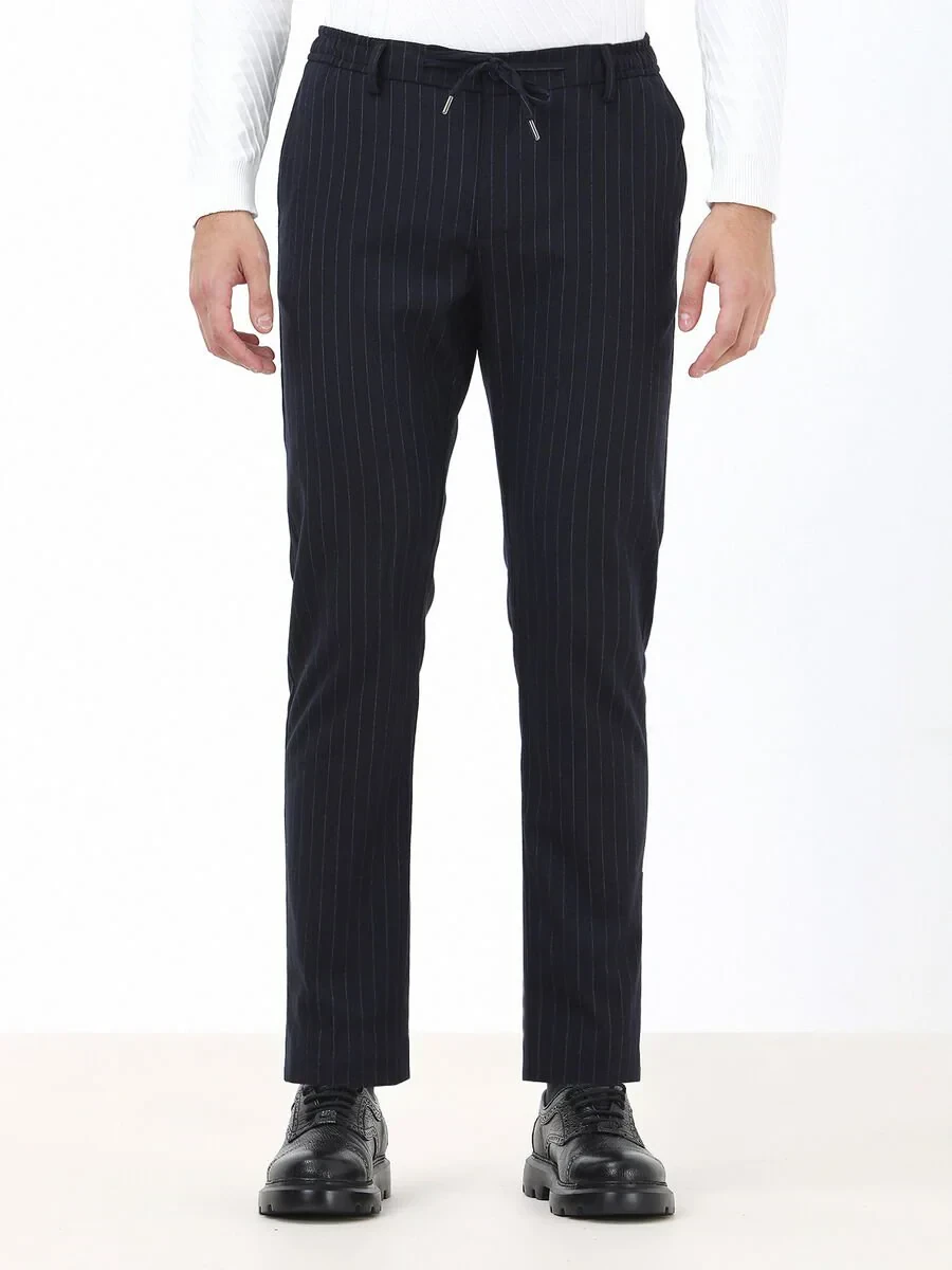 Navy Blue Weaving Jogging Fit Casual Trousers - 1