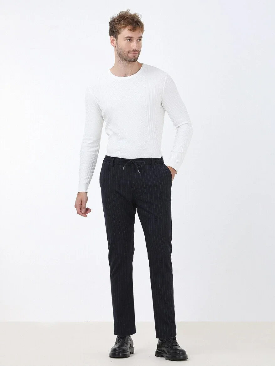 Navy Blue Weaving Jogging Fit Casual Trousers - 2