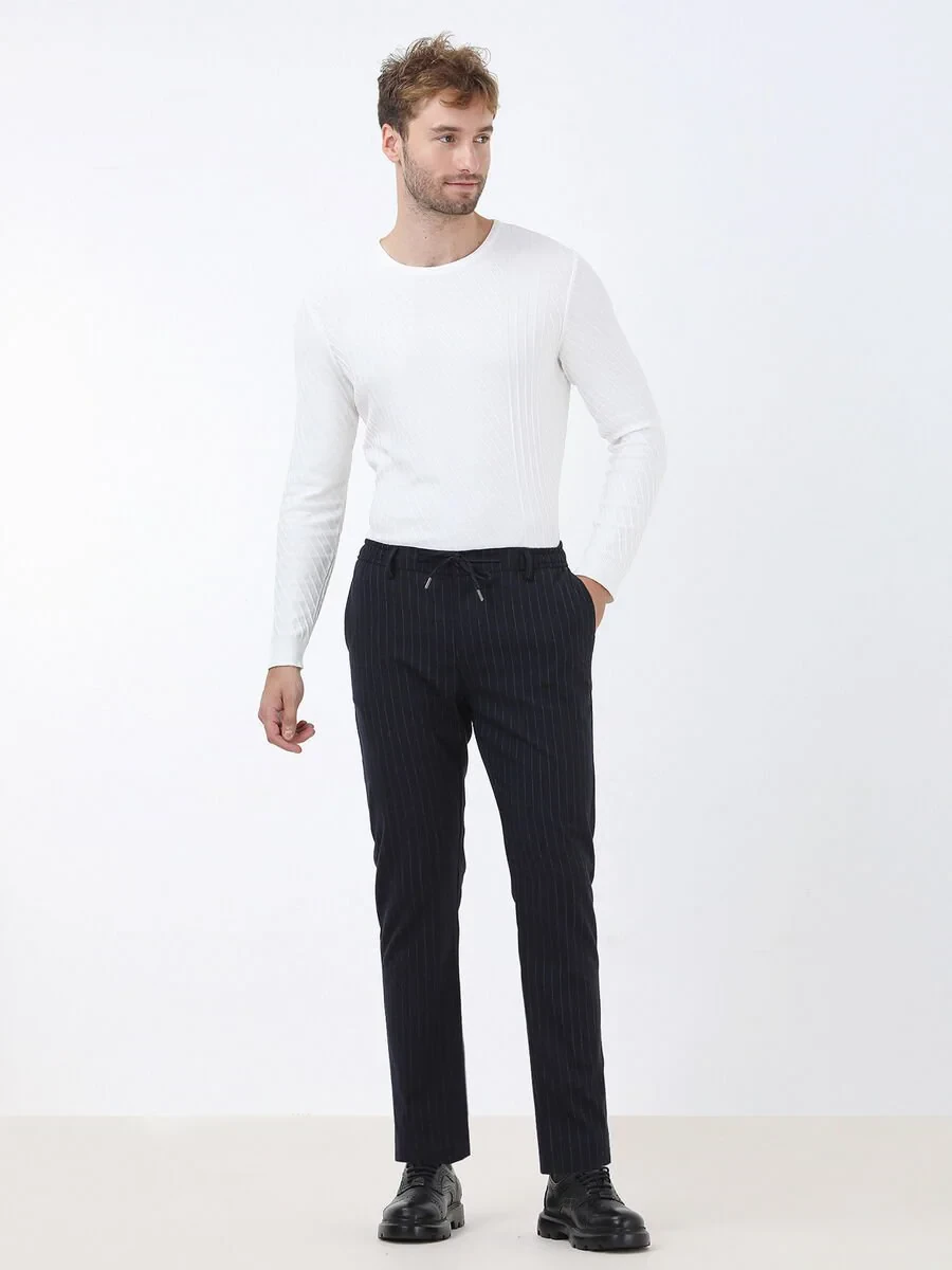 Navy Blue Weaving Jogging Fit Casual Trousers - 2