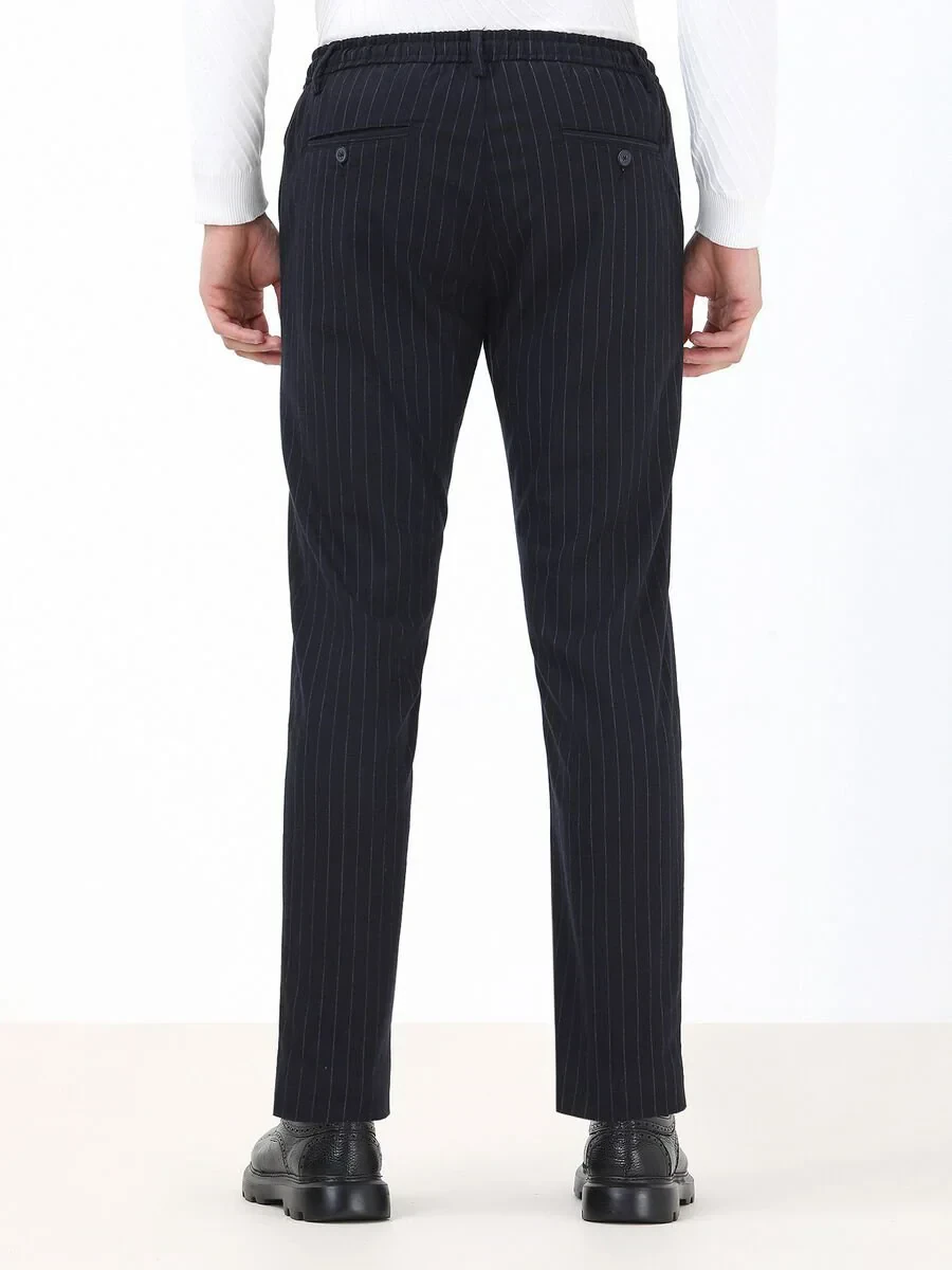 Navy Blue Weaving Jogging Fit Casual Trousers - 4