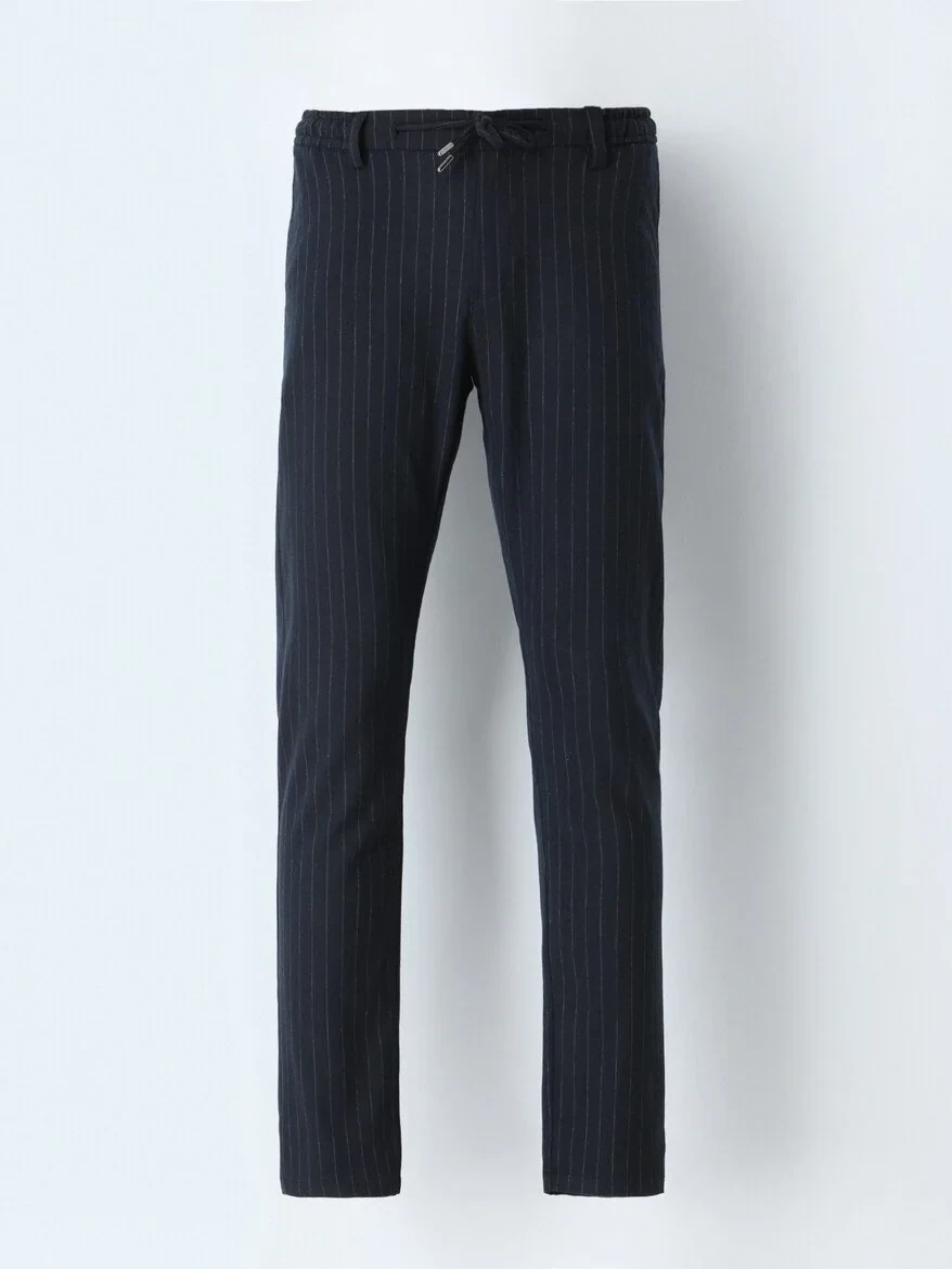 Navy Blue Weaving Jogging Fit Casual Trousers - 5