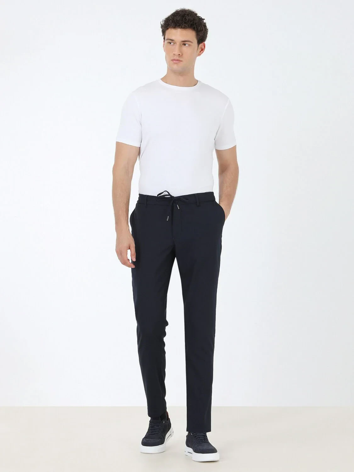 Navy Blue Weaving Jogging Fit Casual Trousers - 2