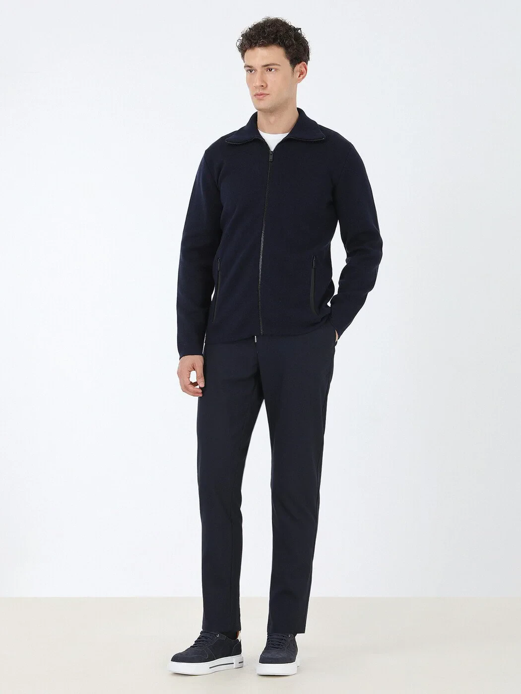 Navy Blue Weaving Jogging Fit Casual Trousers - 4