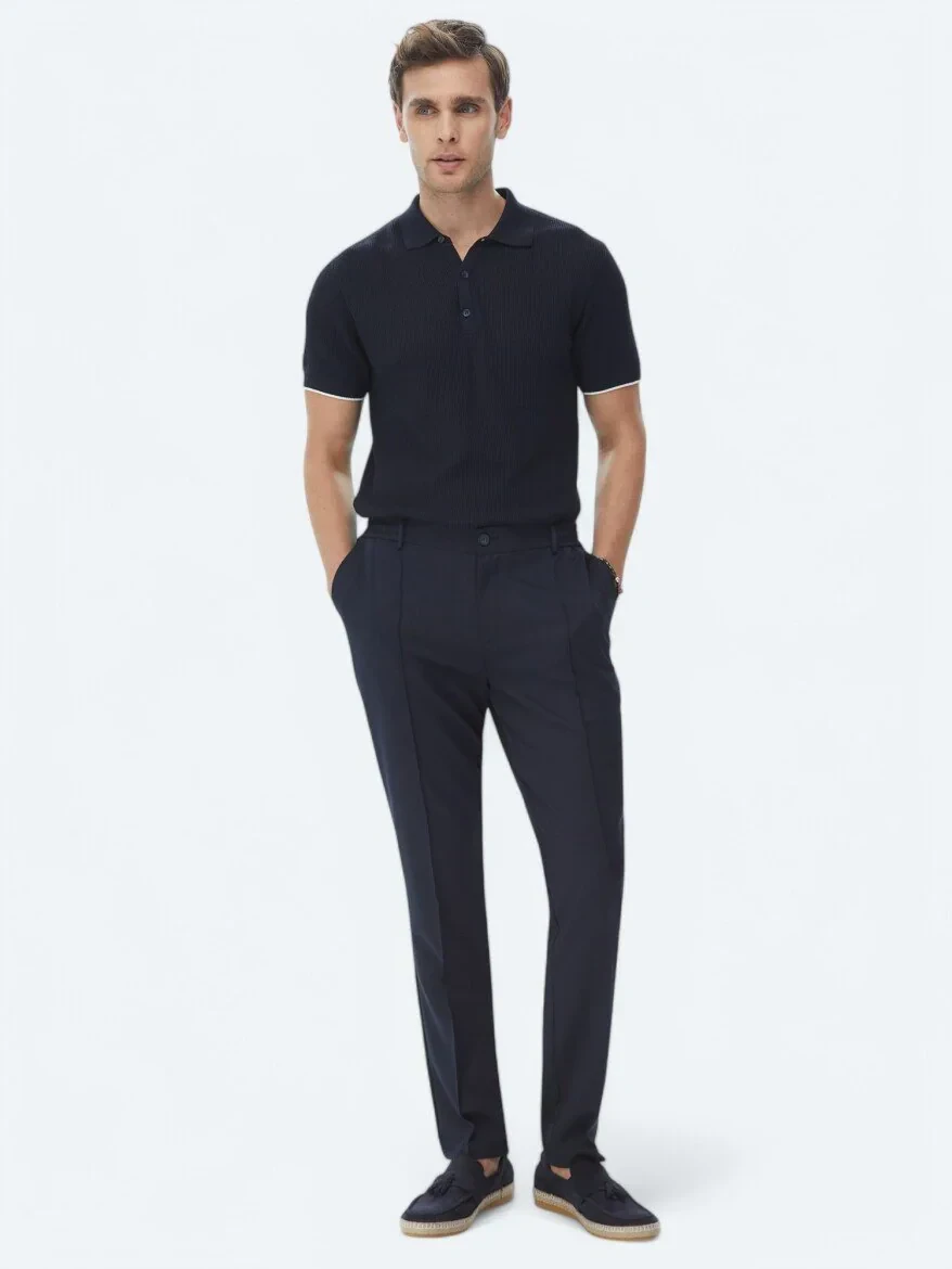 Navy Blue Weaving Jogging Fit Casual Trousers - KİP