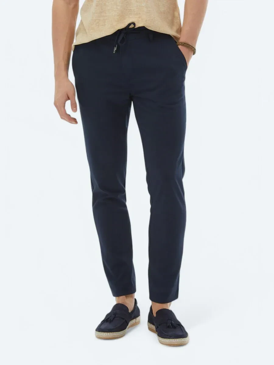Navy Blue Weaving Jogging Fit Casual Trousers - 1