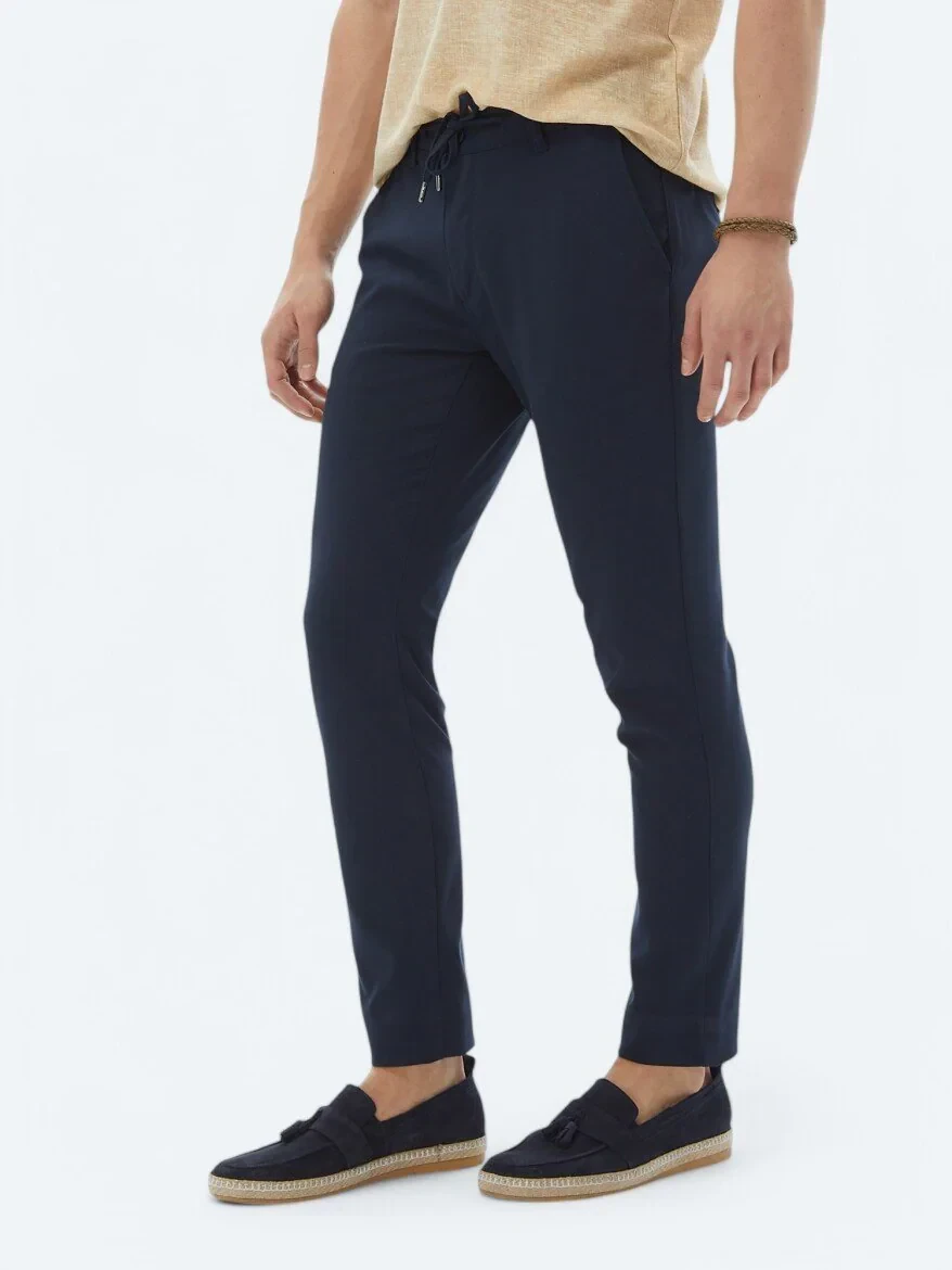 Navy Blue Weaving Jogging Fit Casual Trousers - 3