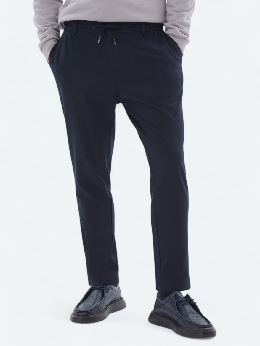 Navy Blue Weaving Jogging Fit Casual Trousers - 2