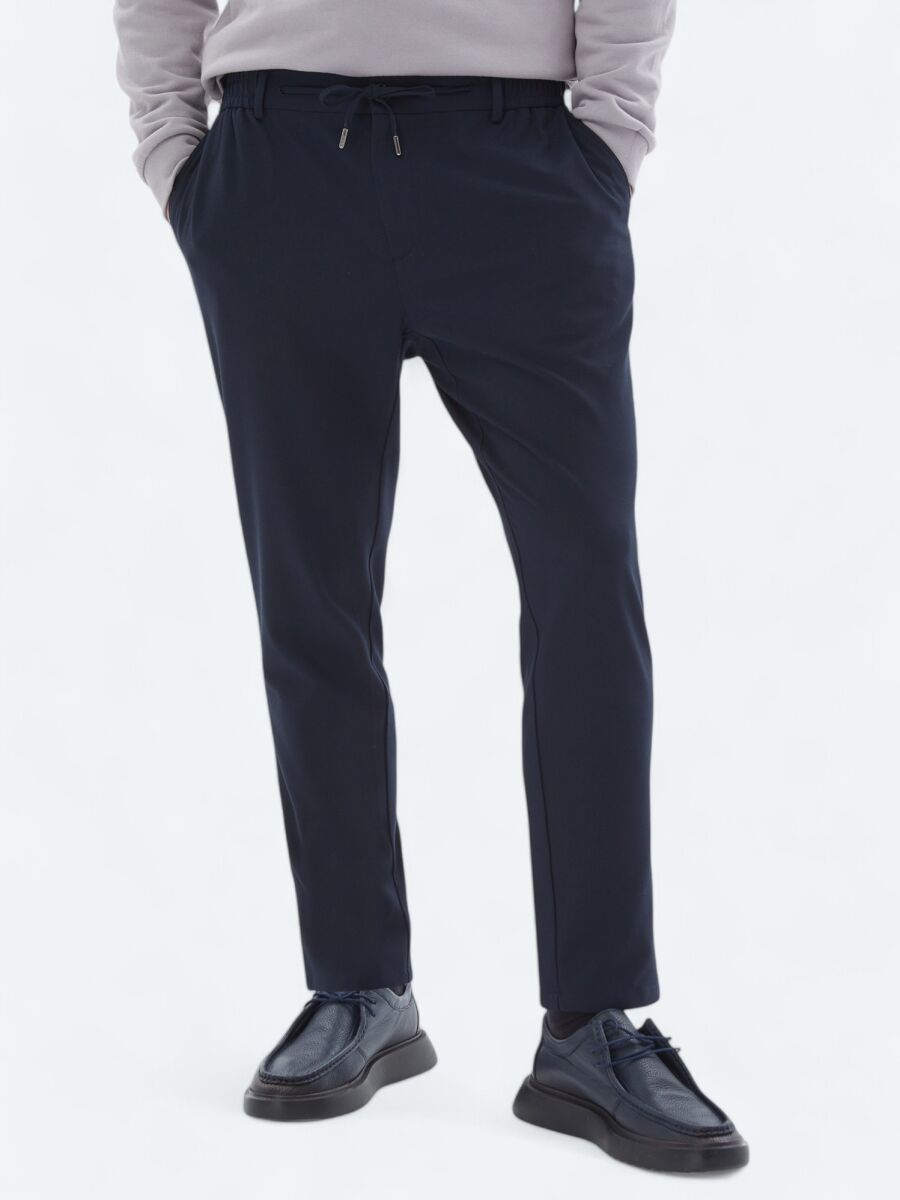 Navy Blue Weaving Jogging Fit Casual Trousers - 2