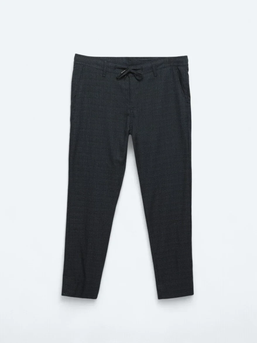 Navy Blue Weaving Jogging Fit Casual Trousers - 6