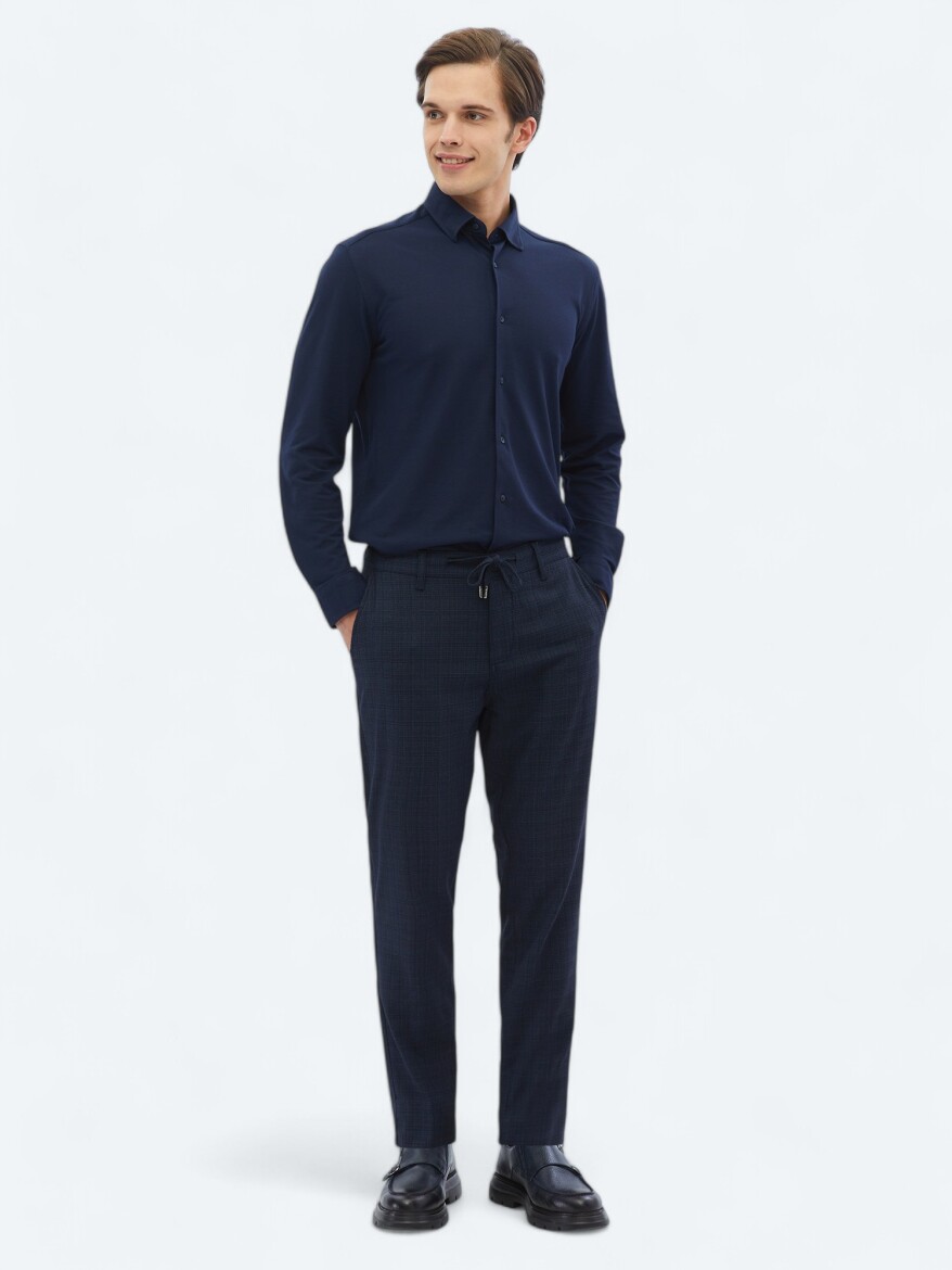 Navy Blue Weaving Jogging Fit Casual Trousers - 1